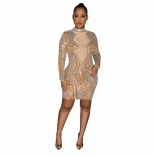 Beige Women's Luxury Mesh Long Sleeve Bodycons Party Formal Evening Mini Dress