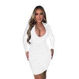 White Women's Black Low Cut Mesh Rhinestones Bodycon Party Mini Dress