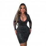 Black Women's Black Low Cut Mesh Rhinestones Bodycon Party Mini Dress