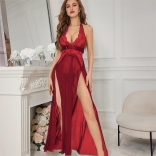 WineRed Women Sexy Lace Erotic Evening Sex Halter Long Sleep Wear Lingerie