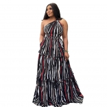 Black Halter Striped Printed Fashion Off Shoulder Prom Long Dress