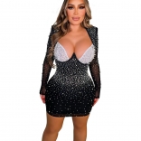 Black Mesh Long Sleeve Rhinestones White Bra Pearls Sexy Club Dress