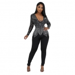 Black Long Sleeve Women Deep V Neck Rhinestones Sexy Party Jumpsuit Dress