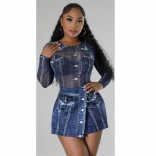 Blue Women Long Sleeve Romper Tops Printed Sexy Club Short Sets