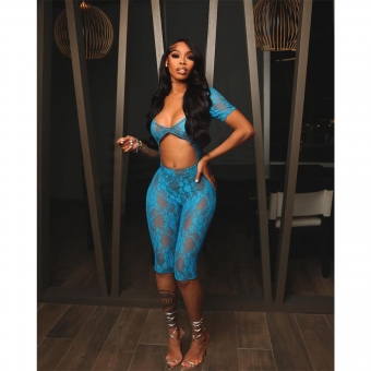 Blue Sexy See Through Lace Night Club Rompers