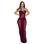 Claret Luxury Off Shoulder Hollow Velvet Straps Sexy Party Midi Dress