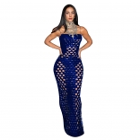 Blue Luxury Off Shoulder Hollow Velvet Straps Sexy Party Midi Dress