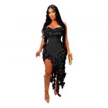 Black Off Shoulder Low Cut Pleated Ruffles Sexy Club Tassels Dress