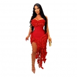 Red Off Shoulder Low Cut Pleated Ruffles Sexy Club Tassels Dress