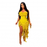 Yellow Off Shoulder Low Cut Pleated Ruffles Sexy Club Tassels Dress