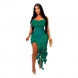 Green Off Shoulder Low Cut Pleated Ruffles Sexy Club Tassels Dress