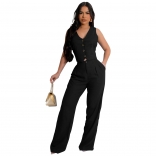 Black Sleeveless Button V-Neck Vest Two Pieces Casual Jumpsuit Dress