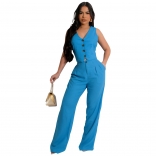 Blue Sleeveless Button V-Neck Vest Two Pieces Casual Jumpsuit Dress