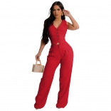 Red Sleeveless Button V-Neck Vest Two Pieces Casual Jumpsuit Dress