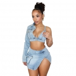 Blue One Sleeve Straps Denim Tops Sexy Slit Jeans Mini Dress Sets