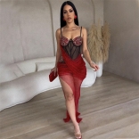 Red Off Shoulder Rhinestone Underwire Low Cut Mesh Silk Bodycon Formal Maxi Dress