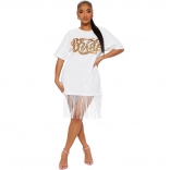 White Short Sleeve Sequins O-Neck Tassels Women T-Skirt