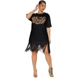 Black Short Sleeve Sequins O-Neck Tassels Women T-Skirt