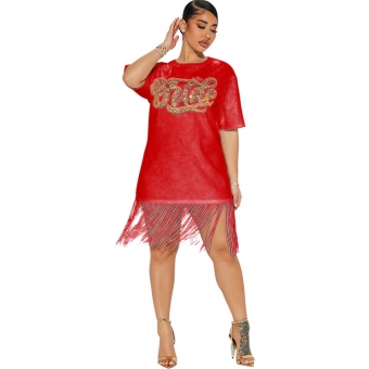 Red Short Sleeve Sequins O-Neck Tassels Women T-Skirt