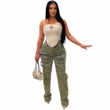 Khaki Sexy Denim Pocket Wash Jeans Women Trousers Pant