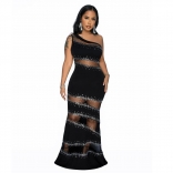 Black Halter Sleeveless Mesh Hollow Out Rhinestone Sexy Long Prom Dress