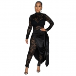 Black Long Sleeve Lace Hollow Out Sexy Jumpsuit Cloak Mini Skirt Dress