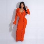 Orange Flare Long Sleeve Deep V Neck Striped Sexy Ruffles Bodycon Long Dress