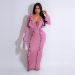 Pink Flare Long Sleeve Deep V Neck Striped Sexy Ruffles Bodycon Long Dress