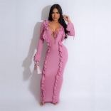 Pink Flare Long Sleeve Deep V Neck Striped Sexy Ruffles Bodycon Long Dress