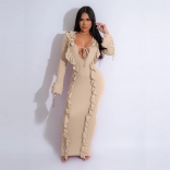 Beige Flare Long Sleeve Deep V Neck Striped Sexy Ruffles Bodycon Long Dress