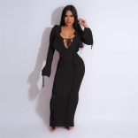 Black Flare Long Sleeve Deep V Neck Striped Sexy Ruffles Bodycon Long Dress