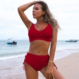 Red High Waist Solid Bikini Swimwear