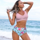 Pink High Waist Flowers Printed Bikini Swimwear