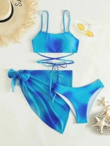 DarkBlue Printing Three Pieces Bikini Sets with Skirt