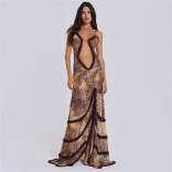 Multi Straps Deep V Neck Mesh Hollow Pleated Evening Club Maxi Dress