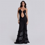 Black Straps Deep V Neck Mesh Hollow Pleated Evening Club Maxi Dress