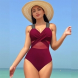 Claret Ribbon One Pieces Women Swimwear Bikinis