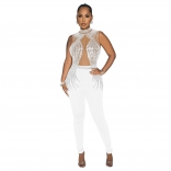 White Sleeveless High Neck Sleeveless Mesh Rhinestone Bodycon Sexy Jumpsuit