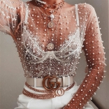 Beige Lace Sexy Pearls Diamonds Long Sleeve Crop Tops