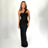 Black Halter Low Cut Women Knot Pleated Prom Long Dress