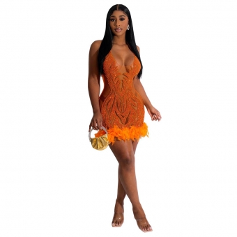 Orange Sleeveless Straps Deep V Neck Sequins Mesh Pleated Party Dress