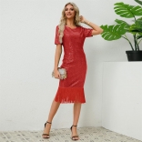 Red Short Sleeve Sequins O-Neck Tassels Women Midi Dress