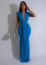 Blue Deep V Neck Sexy Pleated Elegant Bodycon Formal Maxi Dress