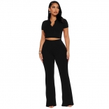 Black Thread Short Sleeve V Neck Crop Tops Two Pieces Slim Pant Sets Dress