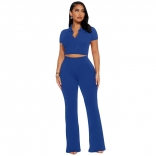 Blue Thread Short Sleeve V Neck Crop Tops Two Pieces Slim Pant Sets Dress