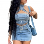 Blue JEANS Two Pieces Halter Tops Bodycon Jeans Mini Dress Sets