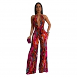 Red Sleeveless Vintage Printed Deep V Neck Wide Leg Jumpsuits