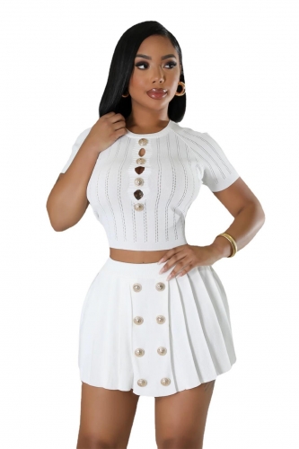 White Knitted Short Sleeve Elastic Button Tops Pleated Women Short Sets