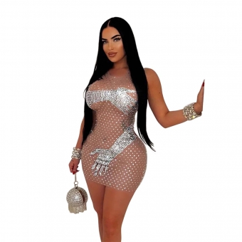 Khaki Sleeveless Mesh Rhinestones Bodycon Sexy Cub Dress