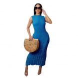 Sleeveless O Neck Knitted Pleated Summer Bodycon Midi Dress